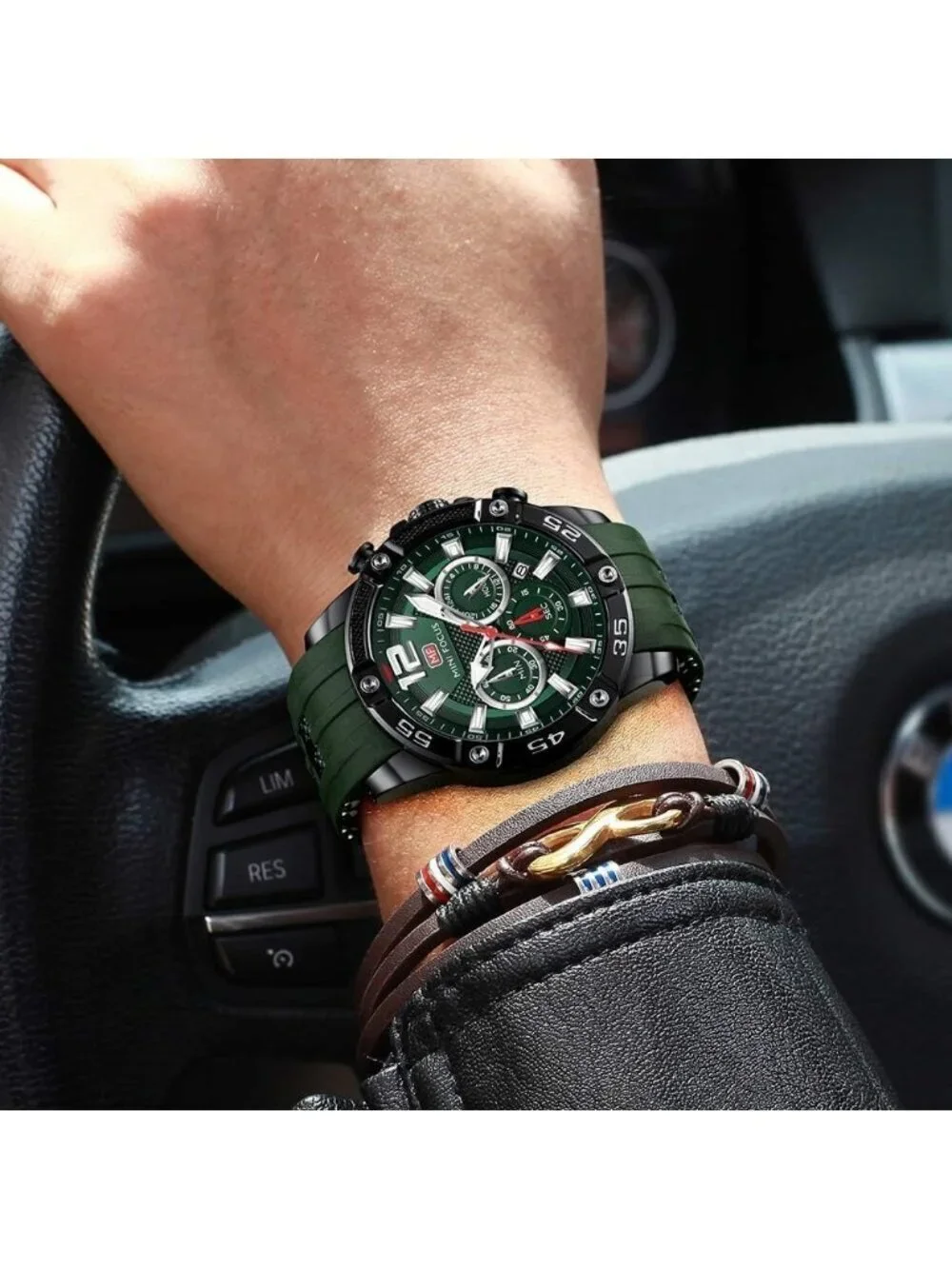 Men's Green Silicon Band Chronograph Waterproof Luminous Unique Casual Watch